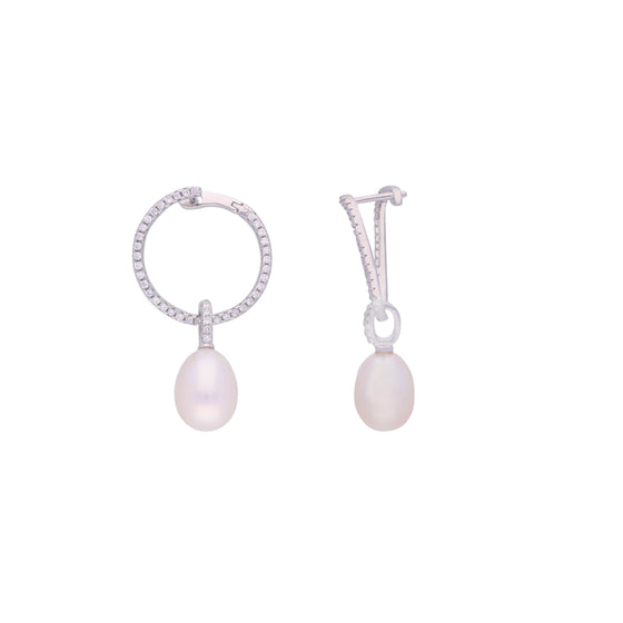 Shimmering Zircon Hoops Silver Pearl Earrings