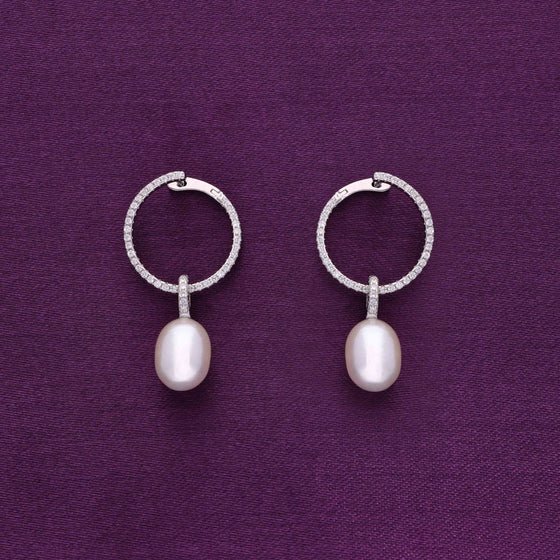Shimmering Zircon Hoops Silver Pearl Earrings
