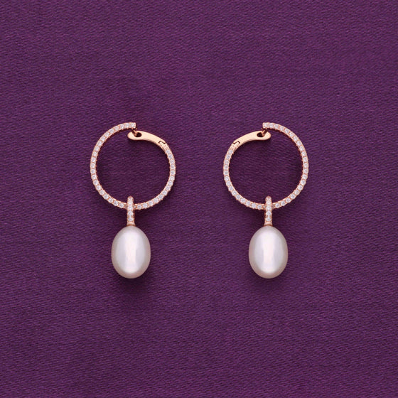 Shimmering Zircon Hoops Silver Pearl Earrings