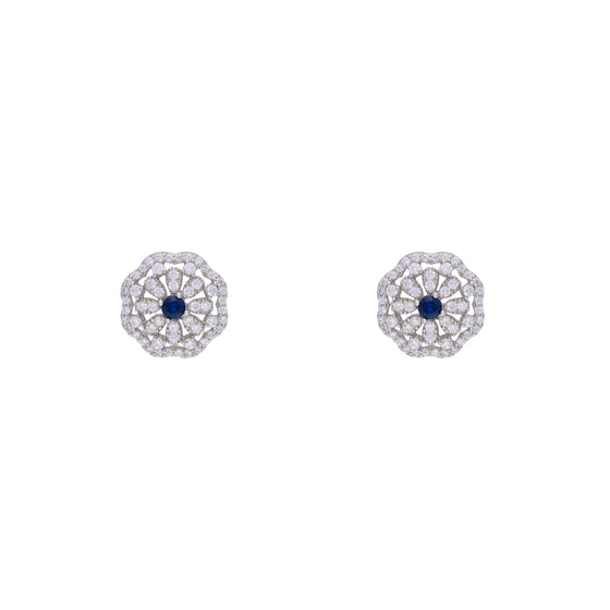 Minimalistic Octagonal Blue & White Studs Floral Silver Earrings