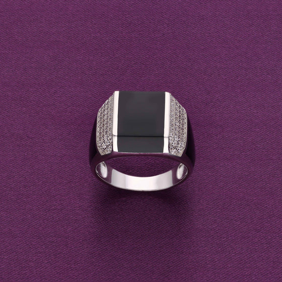 Men’s Rectangle Zircon Studded Onyx Silver Ring