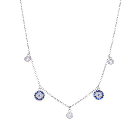 Round Evil Eye & Diamond Charms Silver Chain Necklace