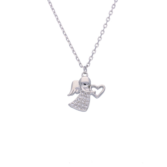 Single Angel with Heart Casual Silver Chain Necklace