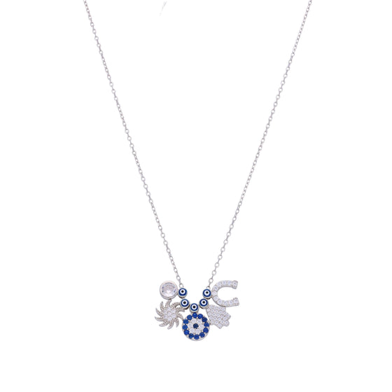 Multi Charms Evil Eye Silver Chain Necklace