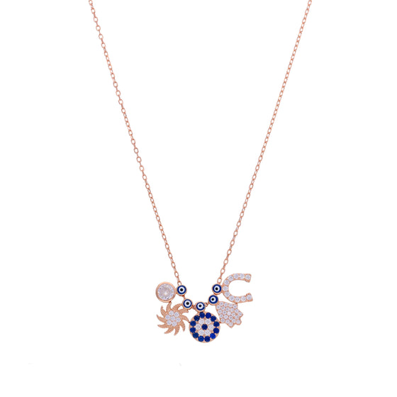 Multi Charms Evil Eye Silver Chain Necklace