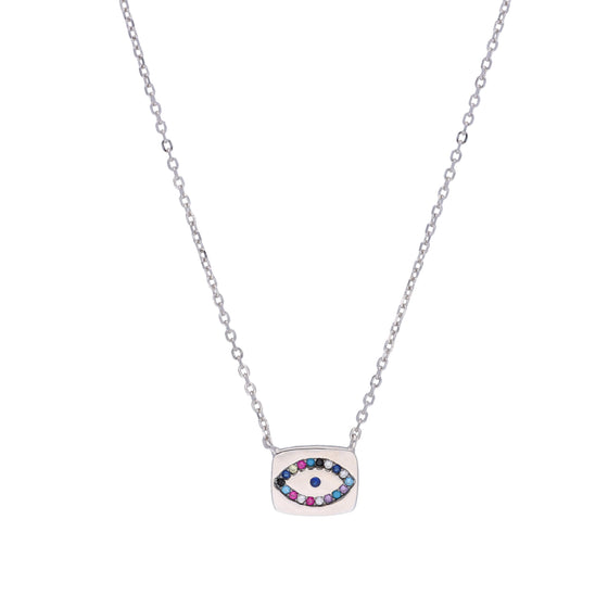 Multi Stone Single Evil Eye Silver Chain Necklace