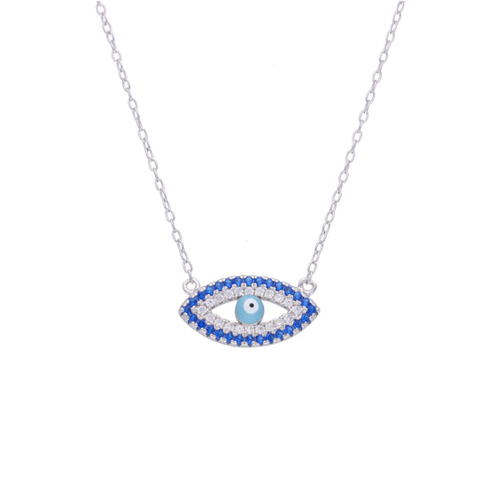 Oval Single Diamond Studded Evil Eye Silver Chain Necklace