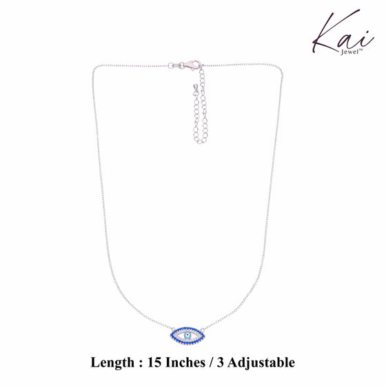 Oval Single Diamond Studded Evil Eye Silver Chain Necklace