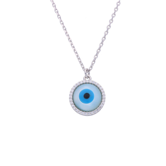 Circular Diamond Studded Ring Evil Eye Silver Chain Necklace