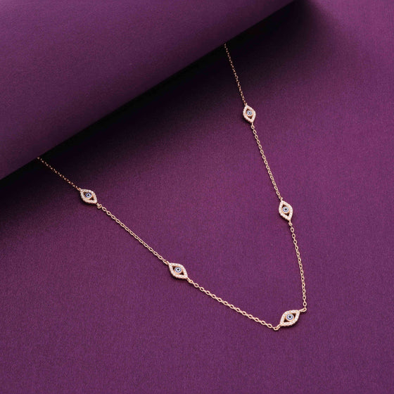 MINIMALISTIC MULTIPLE EVIL EYE STUDDED SILVER CHAIN NECKLACE