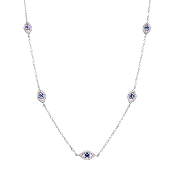 MINIMALISTIC MULTIPLE EVIL EYE STUDDED SILVER CHAIN NECKLACE