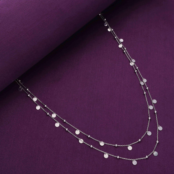 Silver Beads & Discs Double Layered Long Chain Necklace