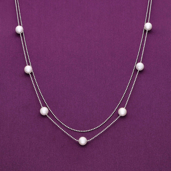 Double Dazzle Pearl Silver Chain Necklace