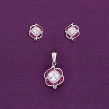  Stylish Pink Flora Zircon Silver Pendant & Earrings Set