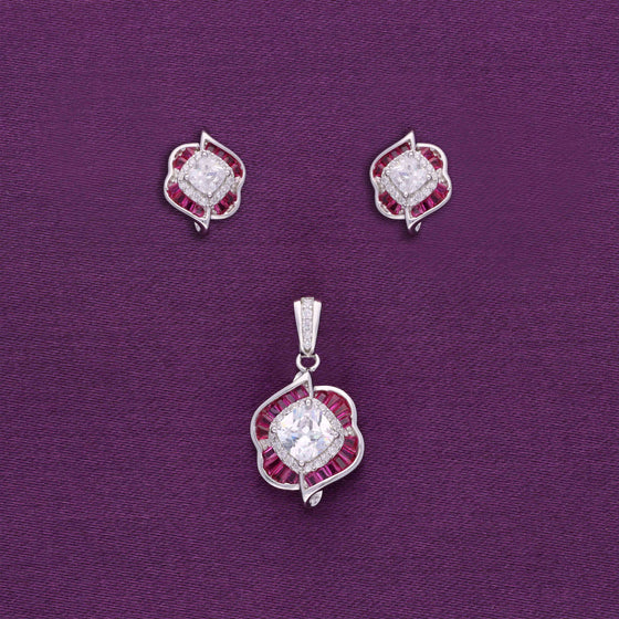 Stylish Pink Flora Zircon Silver Pendant & Earrings Set