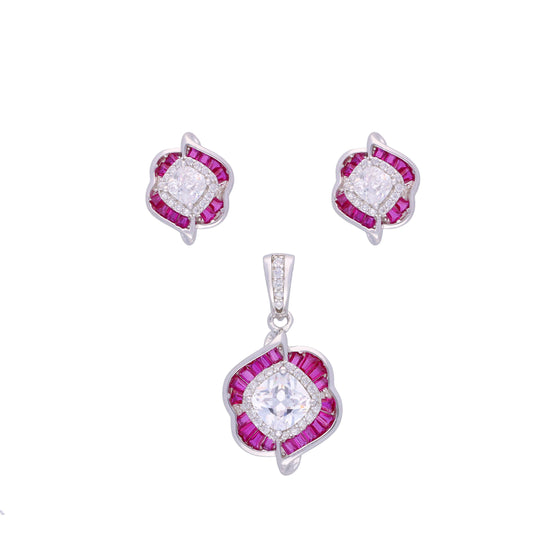 Stylish Pink Flora Zircon Silver Pendant & Earrings Set