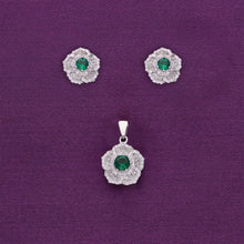  White & Green Zircon Floral Silver Pendant & Earrings Set