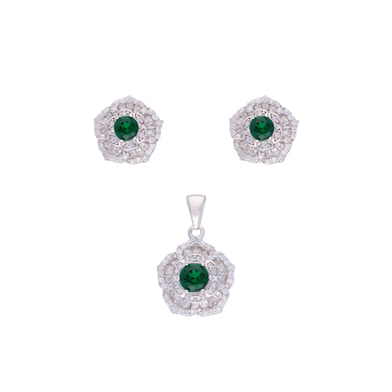 White & Green Zircon Floral Silver Pendant & Earrings Set