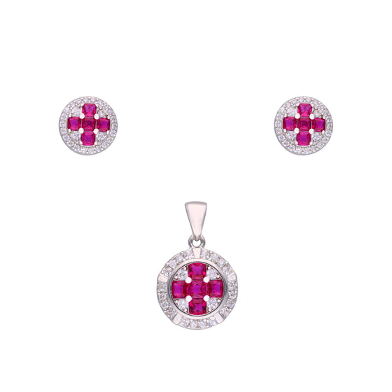 Stylish Pink & White Zircon Silver Pendant & Earrings Set