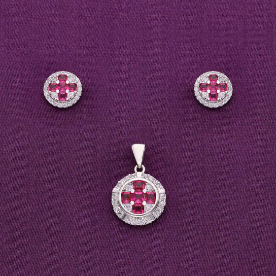 Stylish Pink & White Zircon Silver Pendant & Earrings Set