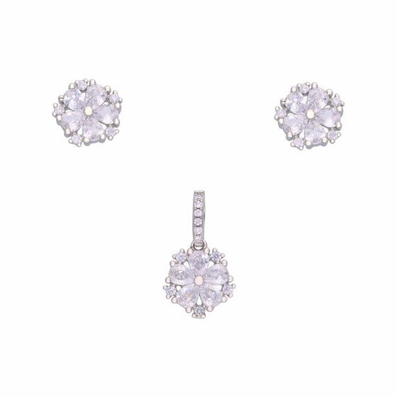 Crystal Cut Floral Silver Pendant & Earrings Set