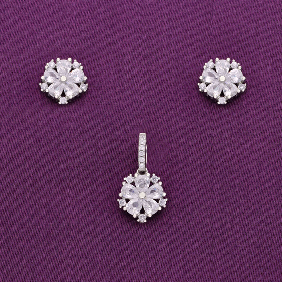 Crystal Cut Floral Silver Pendant & Earrings Set