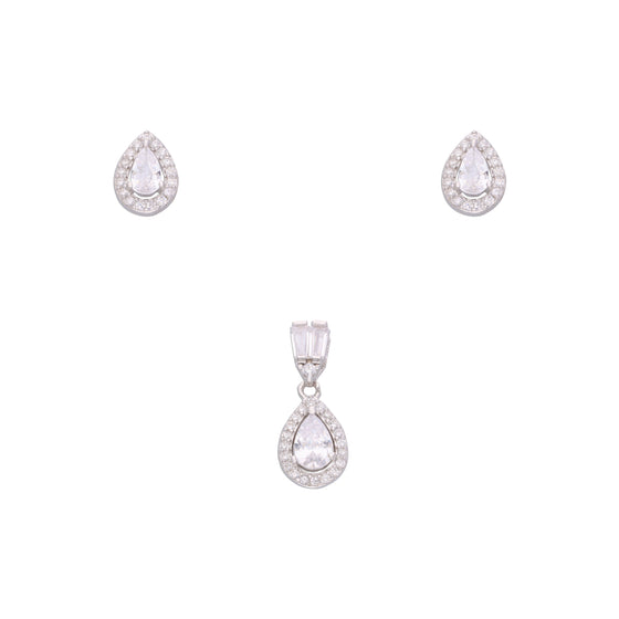 Double Tear Drop Zircon Silver Pendant & Earrings Set