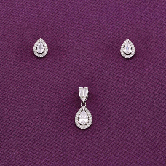 Double Tear Drop Zircon Silver Pendant & Earrings Set