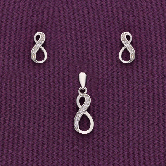 Pave Diamond Infinity Silver Pendant & Earrings Set