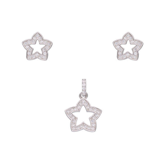 Cute Twinkling Stars Zircon Silver Pendant & Earrings Set