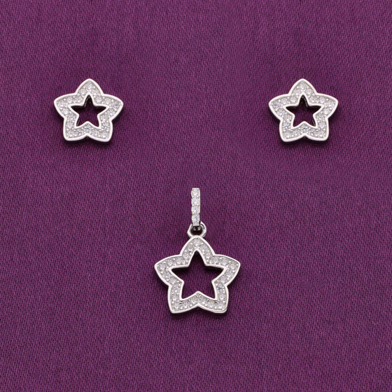 Cute Twinkling Stars Zircon Silver Pendant & Earrings Set