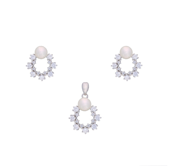 Zircon Crown Pearl Silver Pendant & Earrings Set