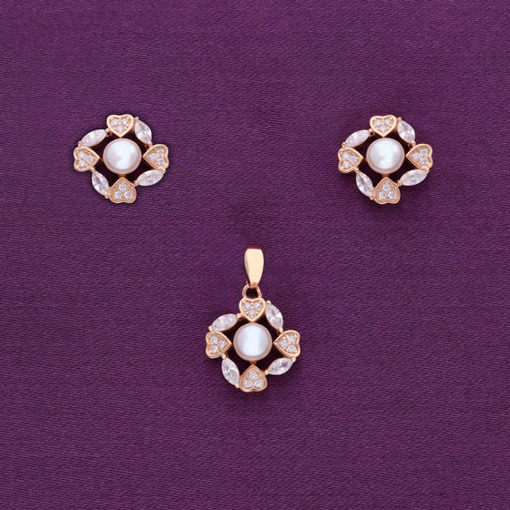 Diamond Hearts & Pearl Silver Pendant & Earrings Set