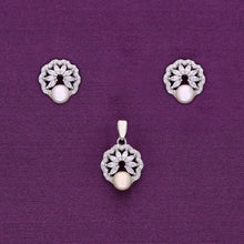  Classic Pattern Diamond & Pearl Silver Pendant & Earrings Set