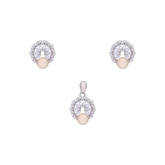 Classic Pattern Diamond & Pearl Silver Pendant & Earrings Set