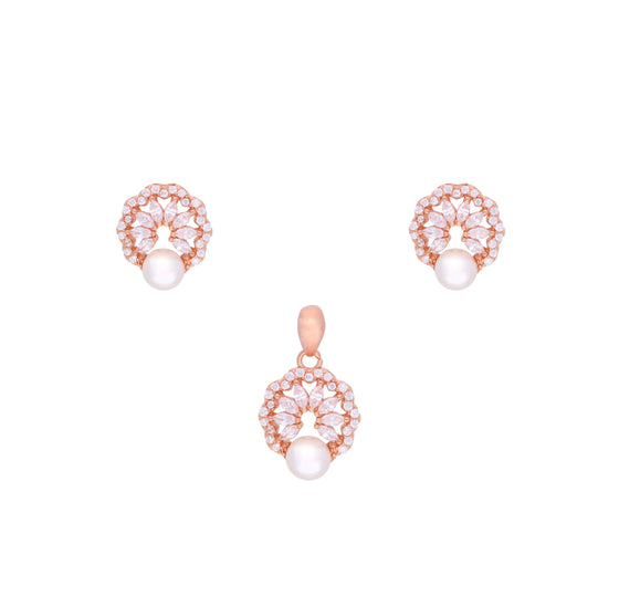 Classic Pattern Diamond & Pearl Silver Pendant & Earrings Set