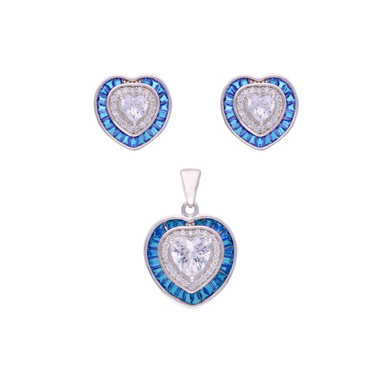 Royal Blue Diamond Heart Silver Earrings & Pendant Set