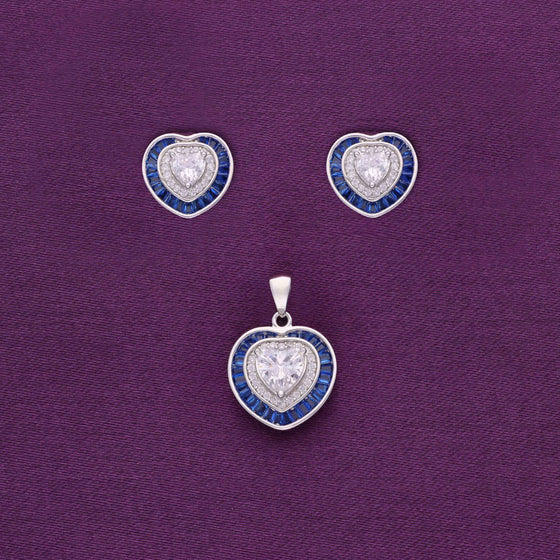 Royal Blue Diamond Heart Silver Earrings & Pendant Set