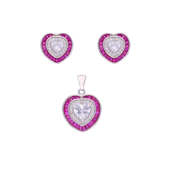 Royal Blue Diamond Heart Silver Earrings & Pendant Set