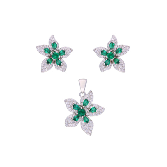 Shimmering Blossoms Zircon Silver Pendant & Earrings Set