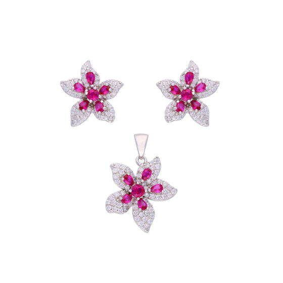 Shimmering Blossoms Zircon Silver Pendant & Earrings Set