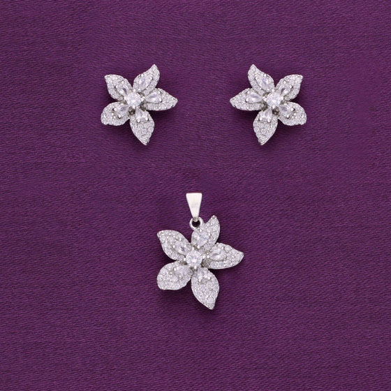 Shimmering Blossoms Zircon Silver Pendant & Earrings Set