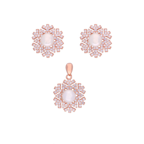 Snowflake Diamond & Pearl Silver Pendant & Earrings Set