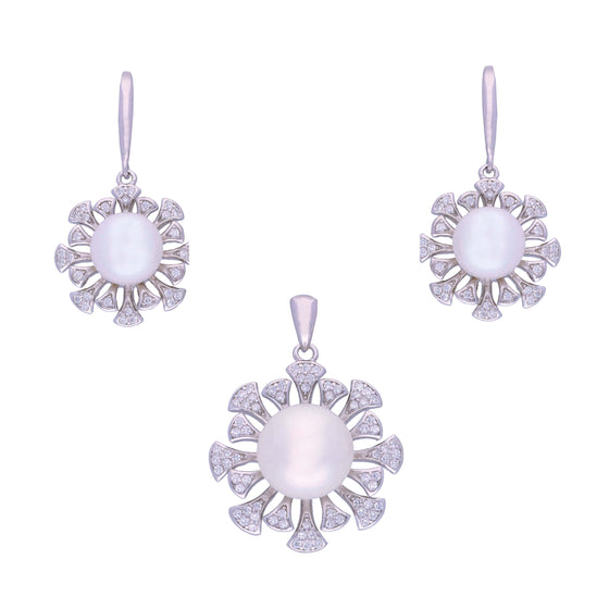 Precious Pearl Diamond Flare Silver Pendant & Earrings Set