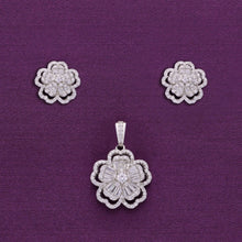  Double Floral Zircon Silver Pendant & Earrings Set