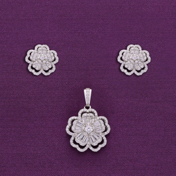 Double Floral Zircon Silver Pendant & Earrings Set