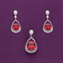  Stylish Drop Cut Red Silver Pendant & Earrings Set