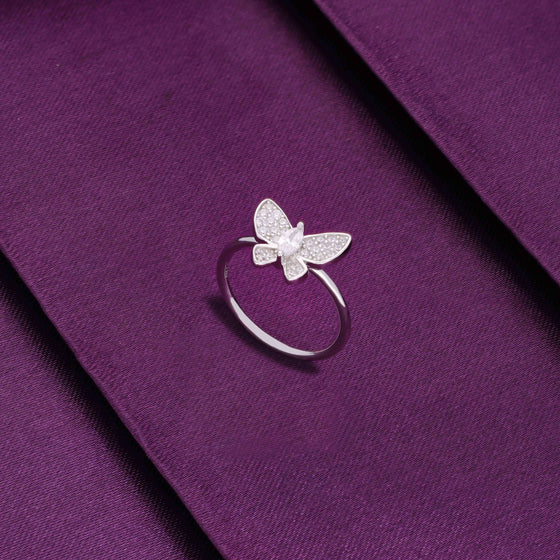 Minimalistic Pave Single Butterfly Silver Ring