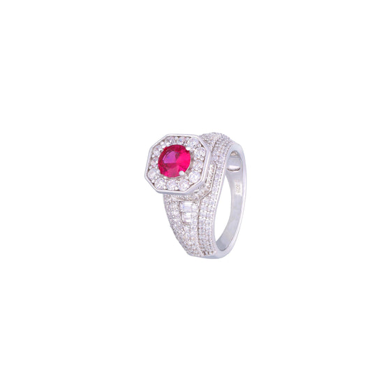 Pave Zircon Studded Pink Solitaire Silver Ring