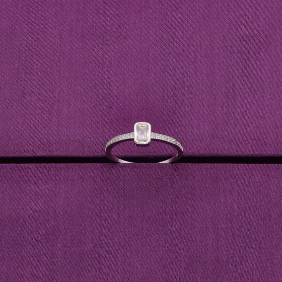Rectangular Crystal Zircon Studded Statement Silver Ring